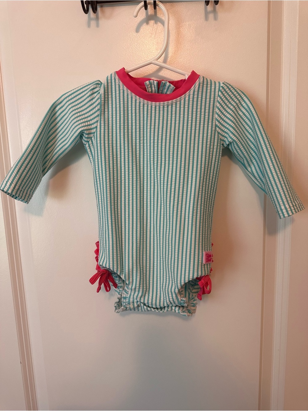 Ruffle Butts Teal and Hot Pink Striped Long Sleeve One-Piece Swimsuit